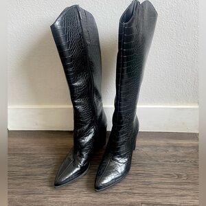 BCBGeneration Janda knee high boot, black croc faux leather, sz 9